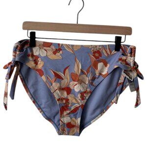 Time and Tru Blue Floral Swimsuit Mid-Rise Side Sash Bikini Brief Bottom, NWT